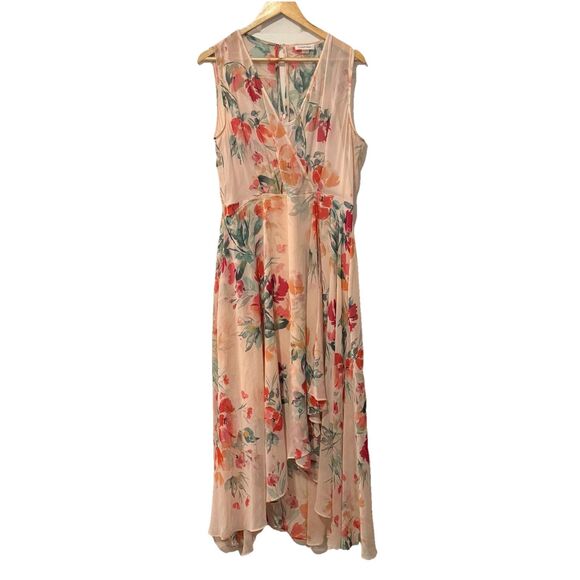 Calvin Klein Floral Chiffon High Low Dress Pink Multi Size 14 Excellent - Picture 2 of 9